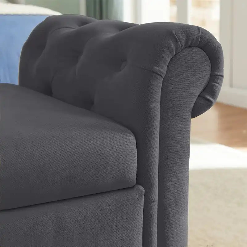 Aufbewahrungsbank fürs Schlafzimmer am Fußende des Bettes, Samt-Ottomane mit gerollten Armlehnen, langes Sofa