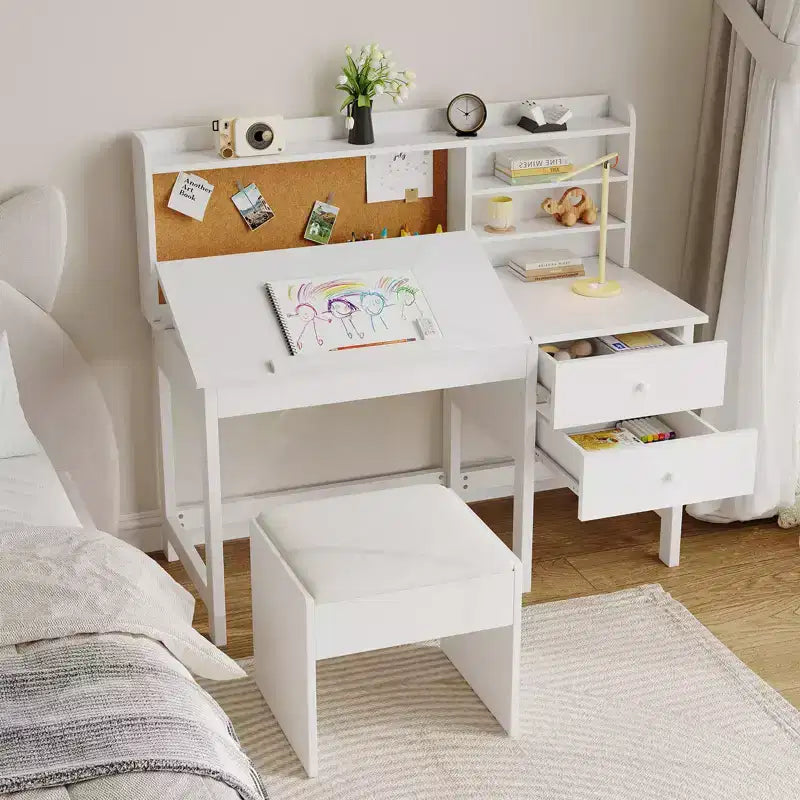 Ensemble bureau et chaise pour enfant, table d’étude en bois avec plateau inclinable réglable, tiroirs et tableau en liège - Ensemble de bureau scolaire pour enfants