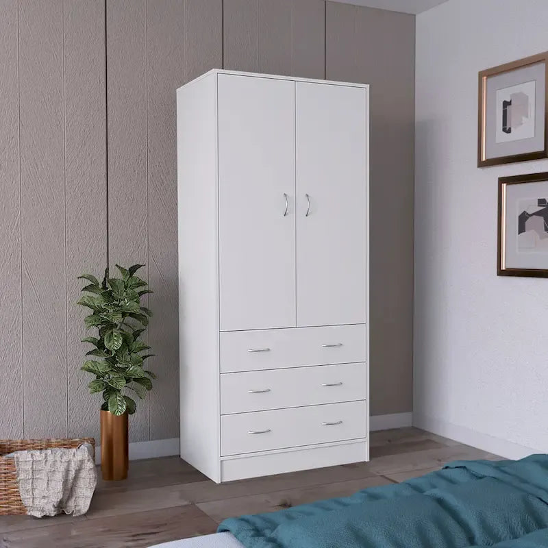 Armoire moderne à deux portes de 19 avec 3 tiroirs et 1 tringle à vêtements pour chambre