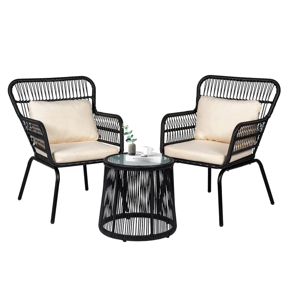 3-teiliges Outdoor-Bistroset aus Korbgeflecht, wetterfeste Rattan-Gartenmöbel mit Stühlen und Kissen