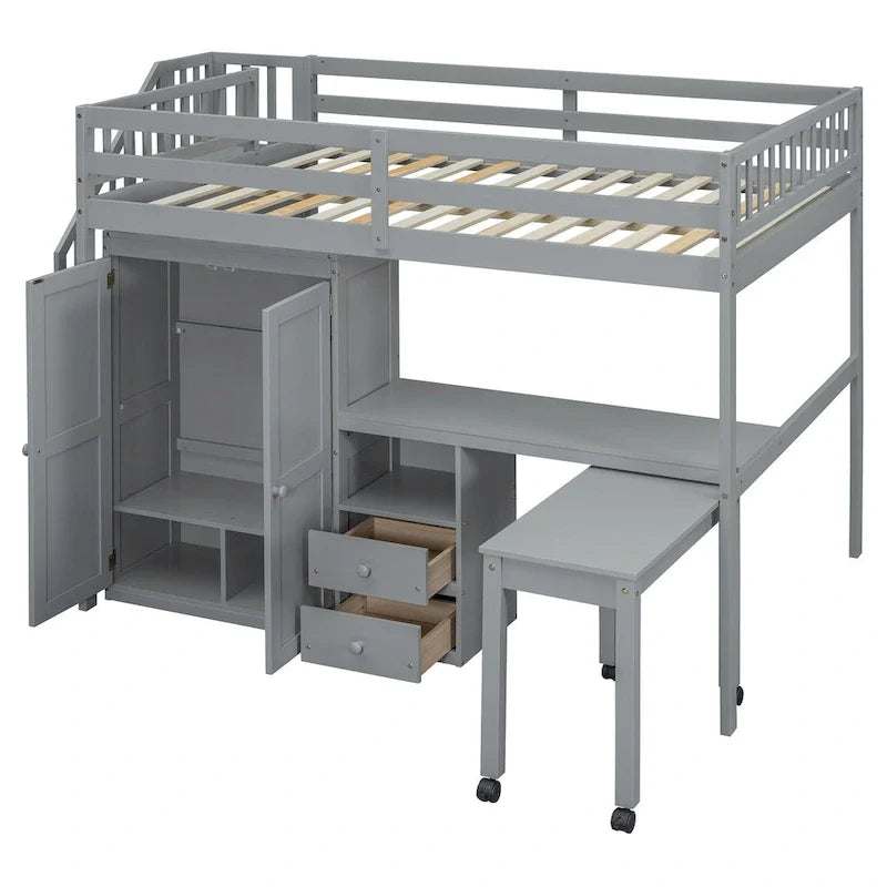 Hochbett in voller Größe mit Treppe, Bücherregal, Schreibtisch und Kleiderschrank - platzsparendes Multifunktionsmöbel für Kinder und Teenager-weiß
