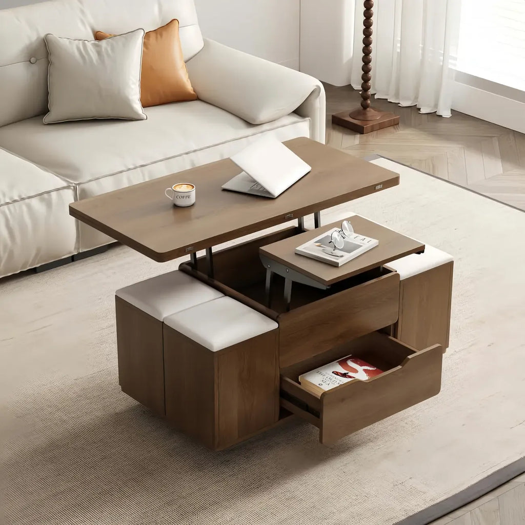 Klappbarer Couchtisch mit Hubplatte, 4 Hockern und Stauraum