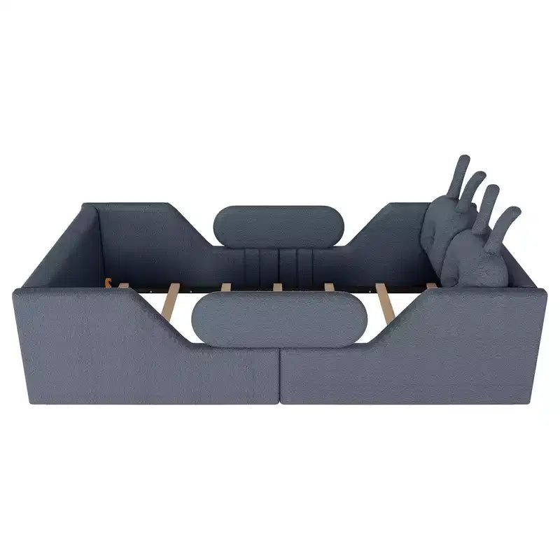 Lit plateforme simple Whisen, cadre de lit rembourré pour enfant au ras du sol avec coussin lapin et barrières latérales amovibles