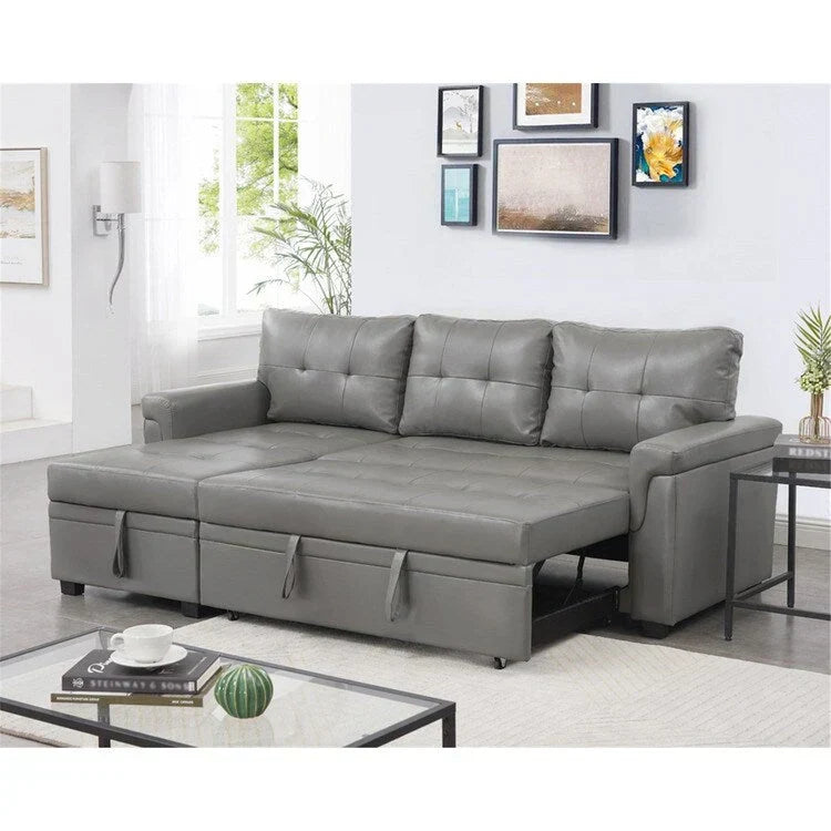 Canapé d’angle convertible et réversible avec lit escamotable, méridienne avec rangement dissimulé et pieds robustes