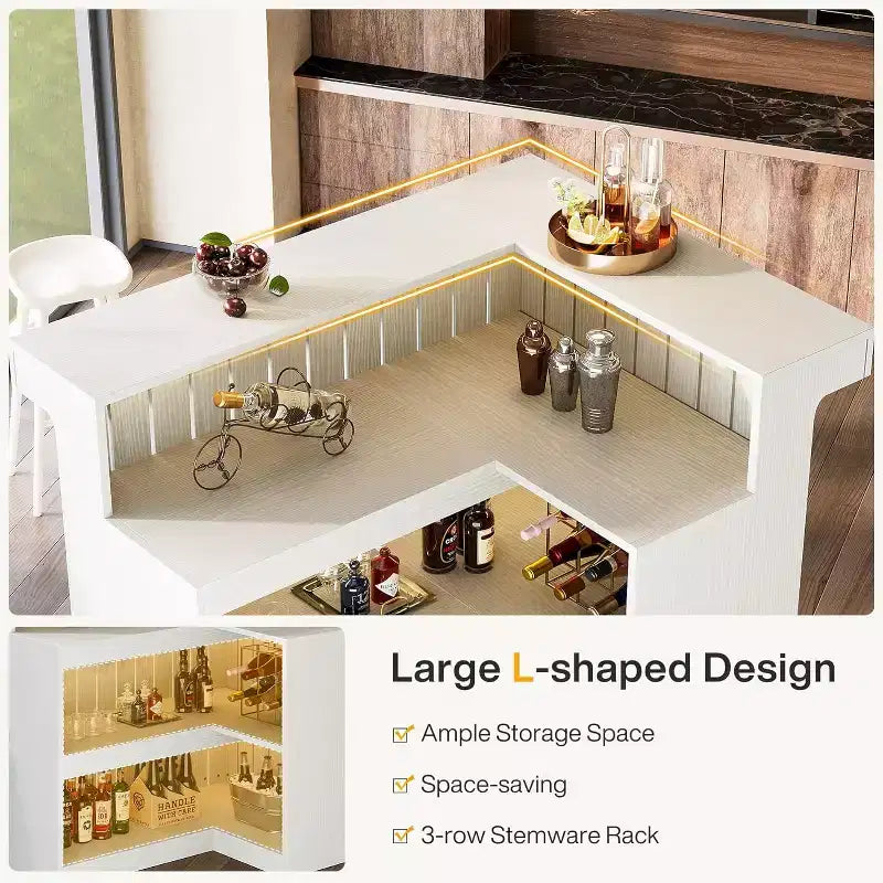 Lantine L-vormige thuisbar, hoekbartafel met 4 niveaus, opbergplanken en wijnglashouder voor thuisbar