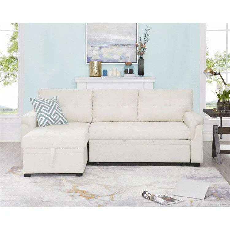 Canapé d’angle convertible et réversible avec lit escamotable, méridienne avec rangement dissimulé et pieds robustes