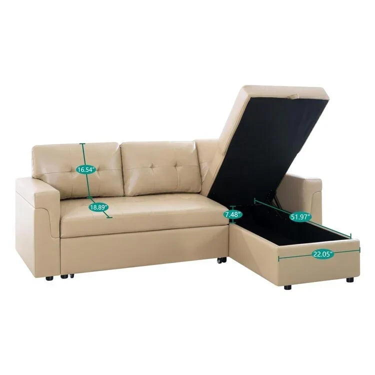 Canapé d’angle convertible et réversible avec lit escamotable, méridienne avec rangement dissimulé et pieds robustes