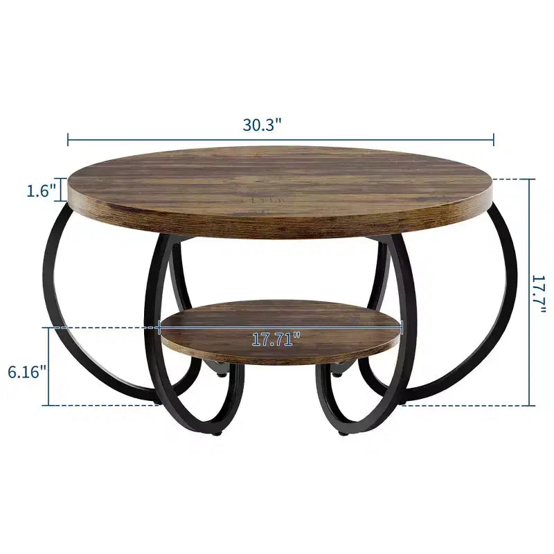 Runder Couchtisch im Industrial-Stil, 30 Inch, 2 Ablagen, verstellbare Füße, Ablage in Holzoptik, Flammendesign, einfacher Aufbau, Wohnzimmer