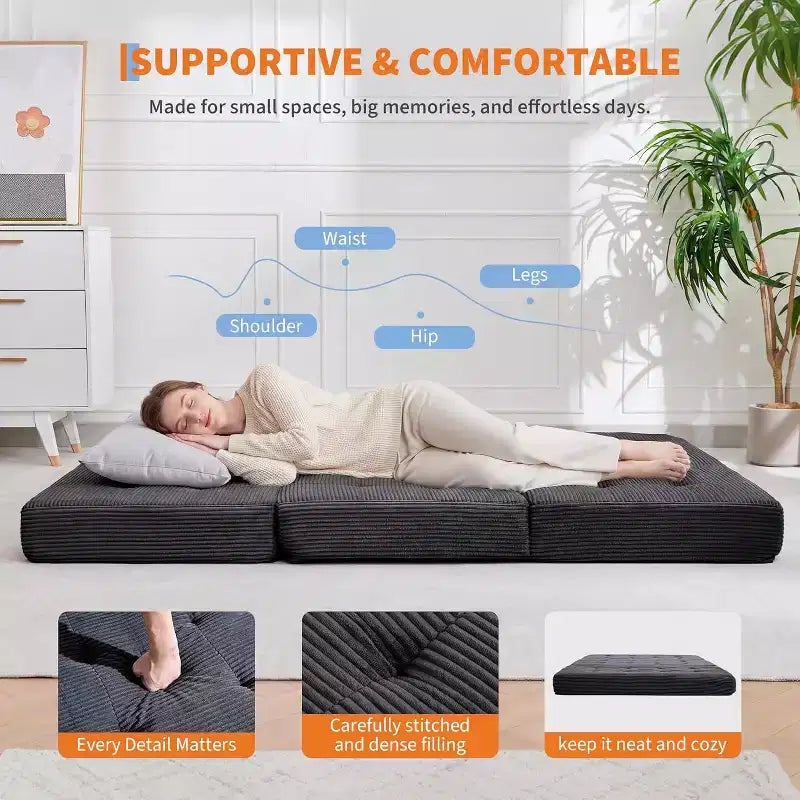SunnyFurn drievoudig opvouwbaar matras en slaapbank van 6 Inch, opvouwbaar schuimrubberen logeerbed van 75X54.3 met geribde ribfluweelbekleding, draagbaar voor kamperen, woonkamer en slaapkamer