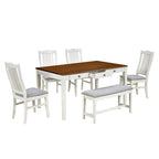 Eetkamerset van hout, 6-delig, met 4 stoelen en een bankje, tafel met lade