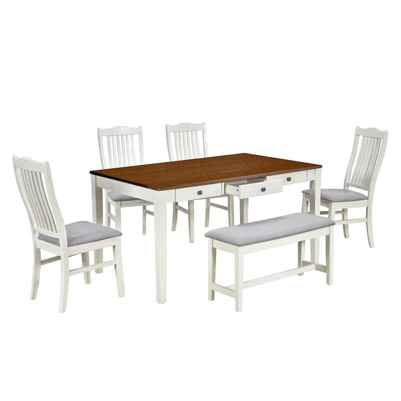 Eetkamerset van hout, 6-delig, met 4 stoelen en een bankje, tafel met lade