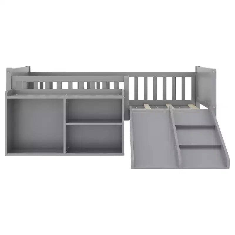 Lit mezzanine bas Whisen format une place pour enfants avec toboggan, bibliothèque de rangement mobile et barrières de sécurité