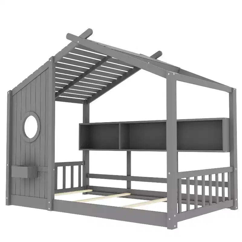Eenpersoons-/tweepersoonsbed in huisvorm met platformbedframe, peuterbed op de vloer, Montessori-bed voor kinderen, speelhuisbed met opbergplank - ModernLuxe