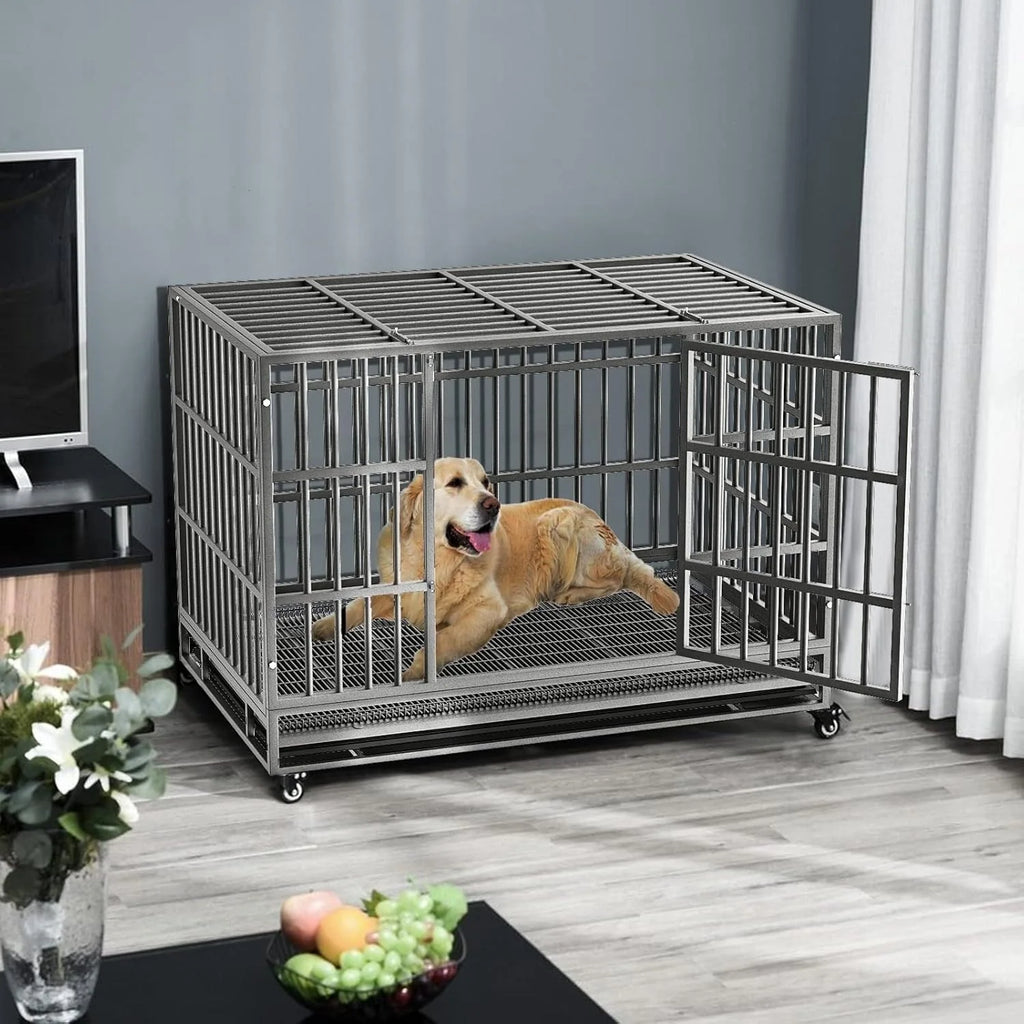 BOSSIN onverwoestbare hondenbench van 48/38 inch voor zwaar gebruik, ontsnappingsbestendige hondenkooi met vergrendelbare wielen