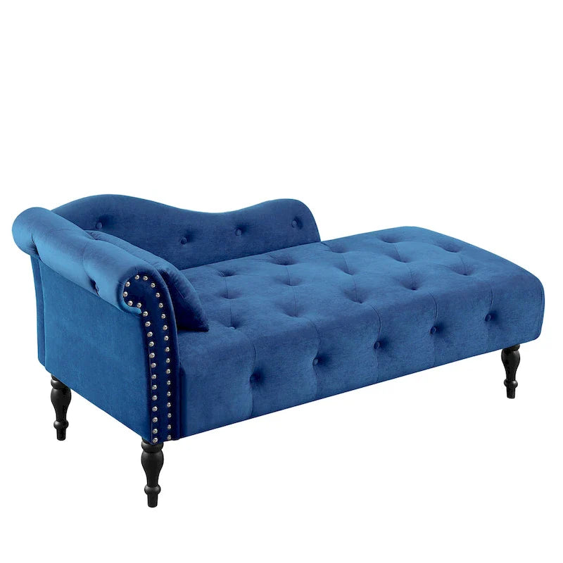 Moderne Chaiselongue, 60.6, mit Samtbezug, Knopfheftung, Beinen aus Massivholz und Ziernägeln
