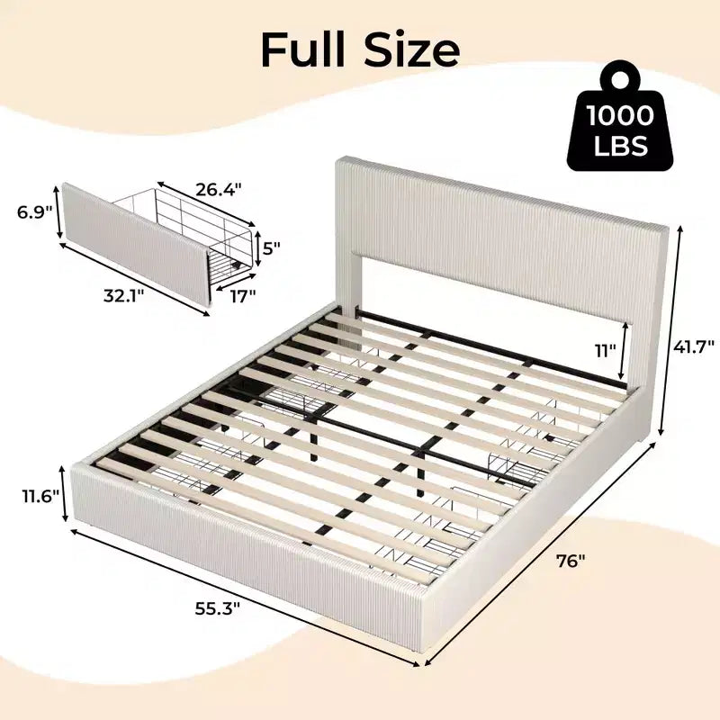 CuisinSmart bedframe van ribfluweel met hoofdbord, gestoffeerd platformbedframe met 4 opbergladen en houten lattenbodem