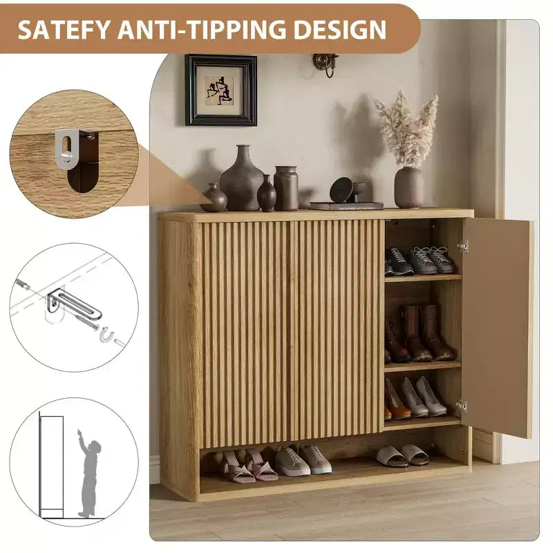 Meuble à chaussures avec portes cannelées et étagères réglables pour l’entrée ou le salon