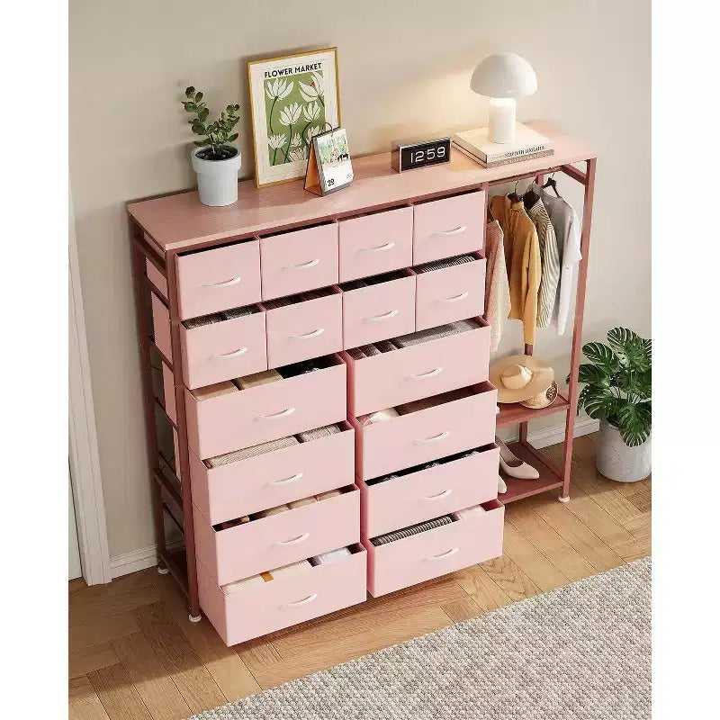 Kommode mit 16 Schubladen, Kleiderstange und Regalen, Stoff-Aufbewahrungsorganizer für Schlafzimmer, Kleiderschrank oder Eingangsbereich