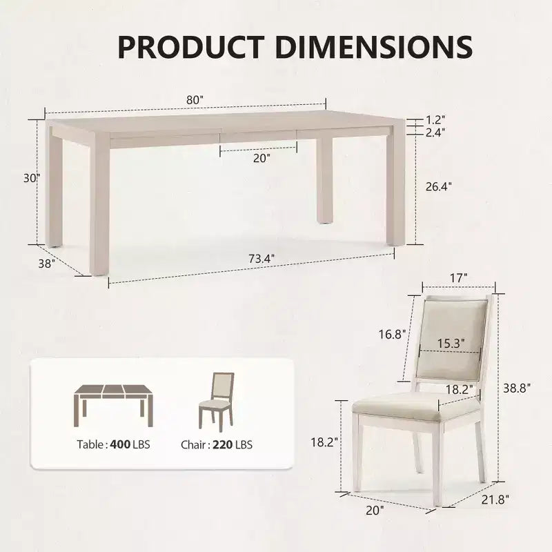 Moderne eetset - 80 tafel + 6 gestoffeerde stoelen, massief houten frame, tafelcapaciteit van 400 lbs, eenvoudig te monteren