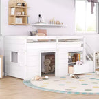 94.6L x 42.3W laag halfhoogslaper van massief hout voor een eenpersoonsbed, met trap, lade en plank, modern en strak ontwerp