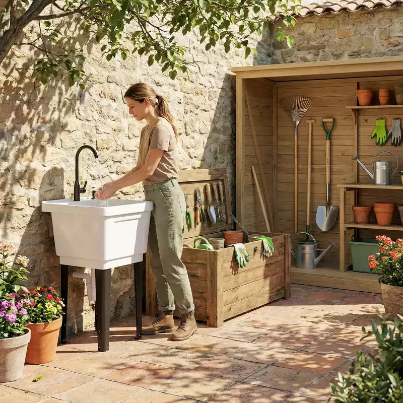 Tragbares Mehrzweck-Waschbecken mit Waschbottich, freistehendes Waschbecken mit Wasserhahn, Seifenspender und Schläuchen