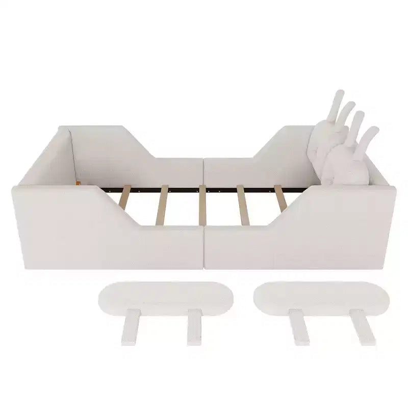Lit plateforme simple Whisen, cadre de lit rembourré pour enfant au ras du sol avec coussin lapin et barrières latérales amovibles