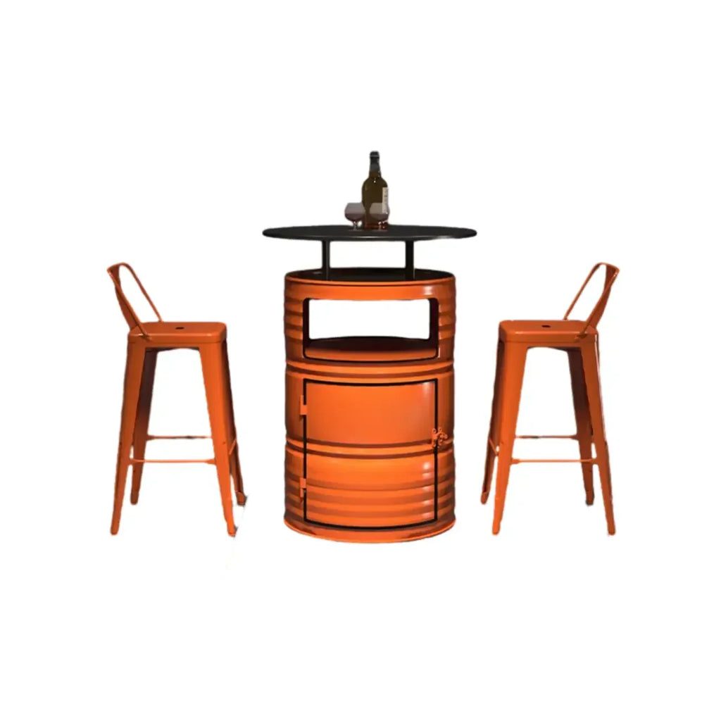 Tables de bar industrielles en métal noir et orange, en forme de fût, avec rangement