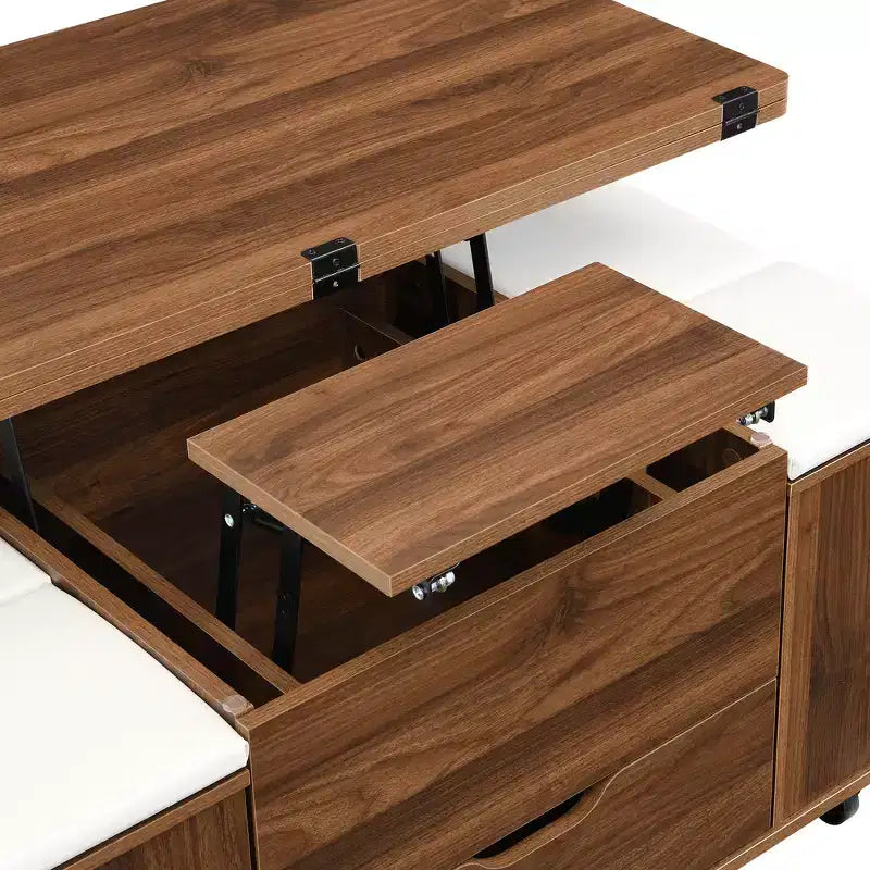 Multifunktionaler moderner Couchtisch mit Hubplatte und verstecktem Stauraum, 4 Hockern und Rollen, perfekt für moderne Wohnräume