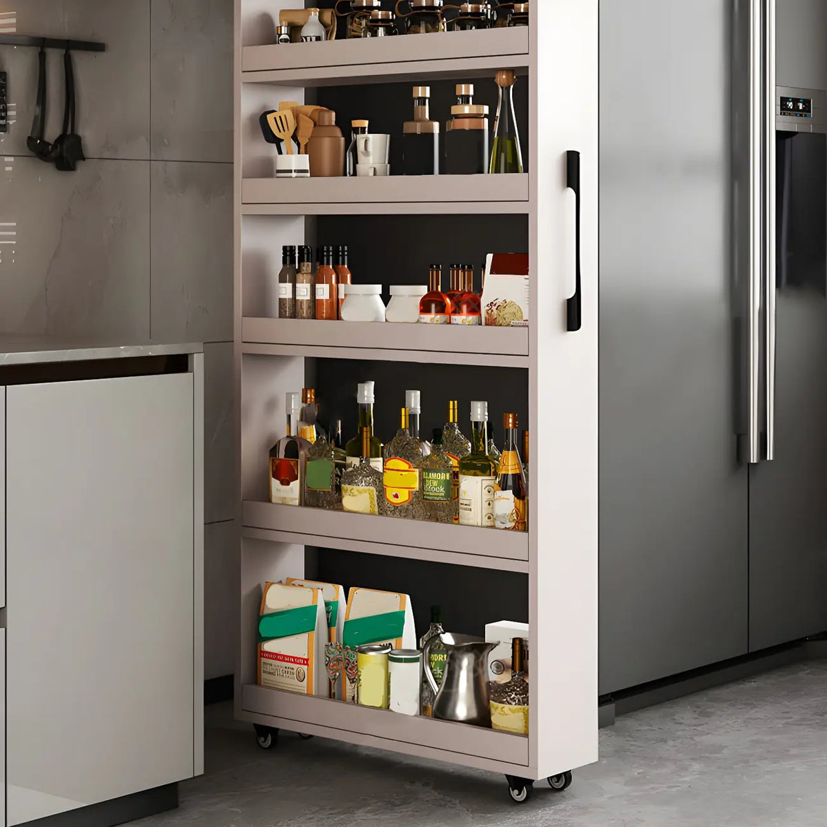 Moderne houten buffetkast met open planken en zwenkwiel