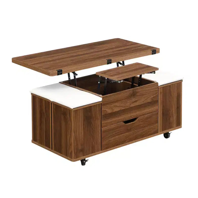Multifunktionaler moderner Couchtisch mit Hubplatte und verstecktem Stauraum, 4 Hockern und Rollen, perfekt für moderne Wohnräume