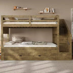Whisen XL-Etagenbettgestell mit Ausziehbett, Etagenbett mit Stauraum, Etagenbett aus Massivholz, Stauraumtreppe, Kleiderschrank, 3 Schubladen, für Kinder