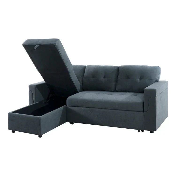 Canapé d’angle convertible et réversible avec lit escamotable, méridienne avec rangement dissimulé et pieds robustes