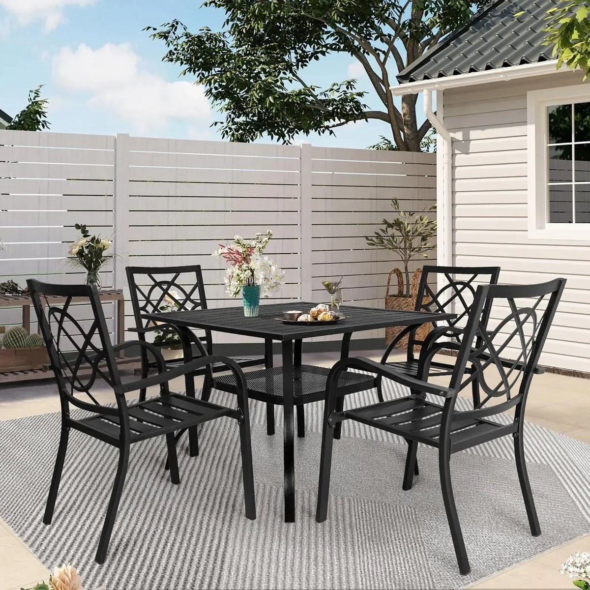 SUNCROWN 5-/7-teiliges Esstischset aus Stahl für die Terrasse, Metalltisch mit Lamellen und stapelbare Stühle, pulverbeschichtetes Gestell