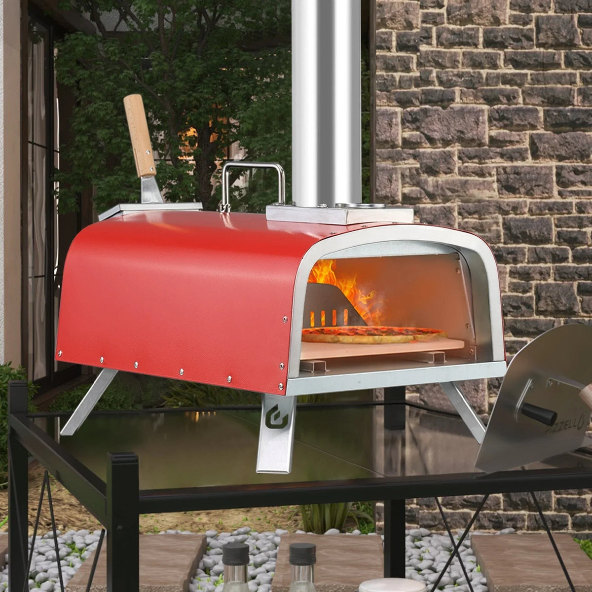 Multibrandstof-pizzaoven voor buiten, voor steenovenpizza, met gasbrander en houtbox - 12 inch