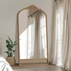 Miroir mural de 37 in. W x 71 in. H avec cadre en bois à arche classique sculptée et partie inférieure en rotin, marron