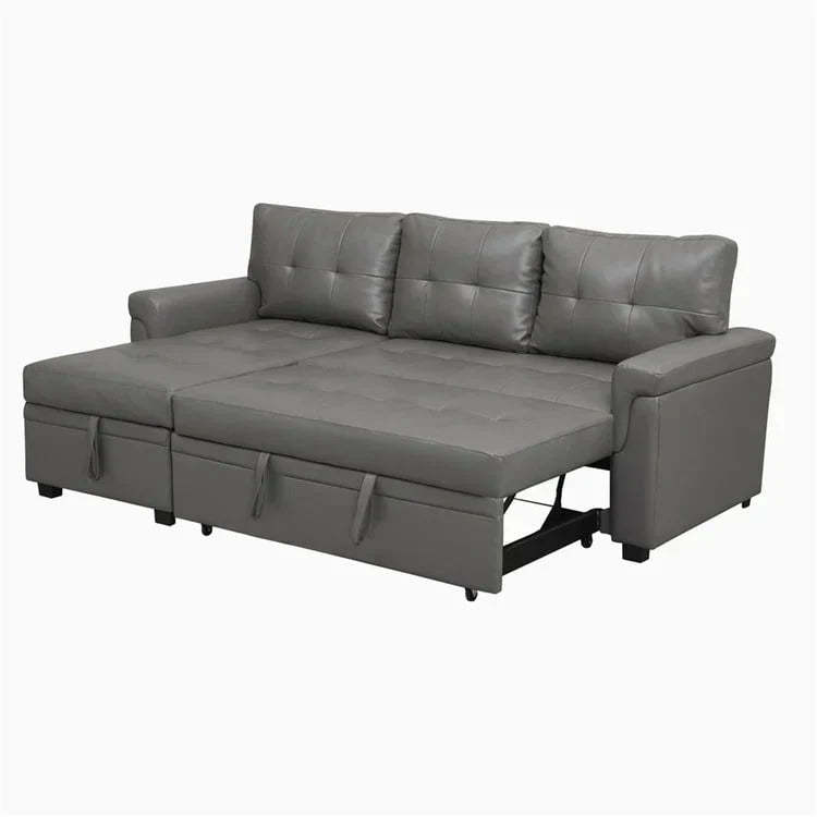 Canapé d’angle convertible et réversible avec lit escamotable, méridienne avec rangement dissimulé et pieds robustes