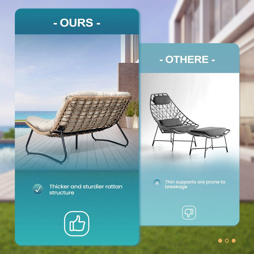 Dubbele papasan-loveseat met kussen, weerbestendig PE-rotan en metalen frame voor binnen en buiten