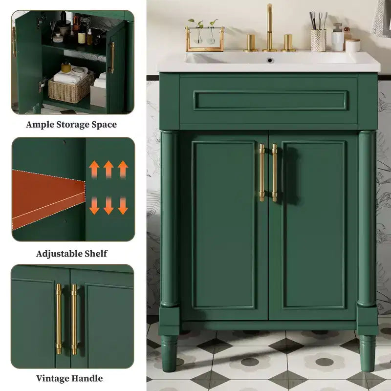 Meuble-lavabo de salle de bains 24 avec lavabo en céramique, meuble de style Shaker, 2 portes à fermeture amortie, structure en bois massif pour petite salle de bains ou salle d'eau