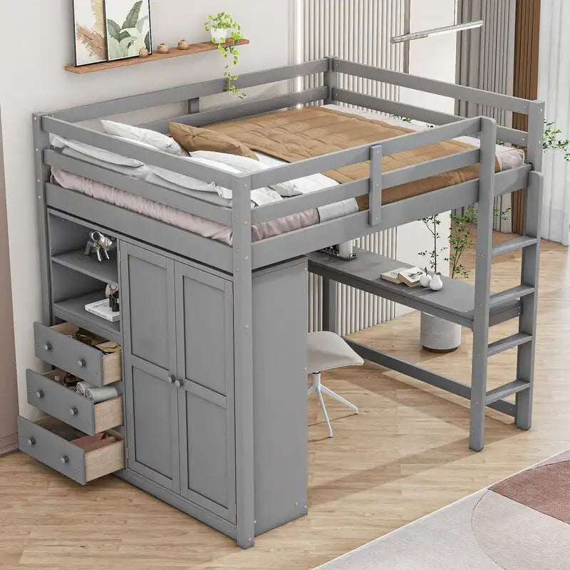 Hochbett aus Holz in Full-Größe mit integriertem Kleiderschrank, Schreibtisch, Ablagefächern und Schubladen