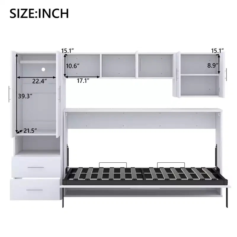 Opklapbedframe voor een eenpersoonsbed, houten kastbed met ingebouwde kledingkast, opberglades en open planken, wit -ModernLuxe