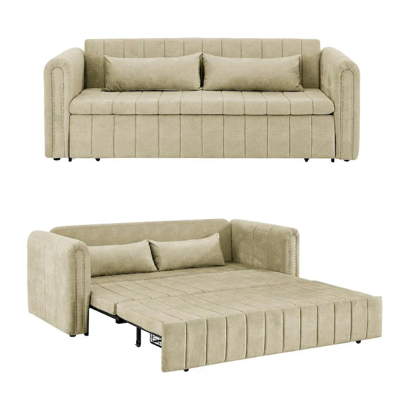 Moderner, wandelbarer Schlafsofa-Loungesessel aus Samt mit gerollten Armlehnen, verziert mit Kupfernägeln