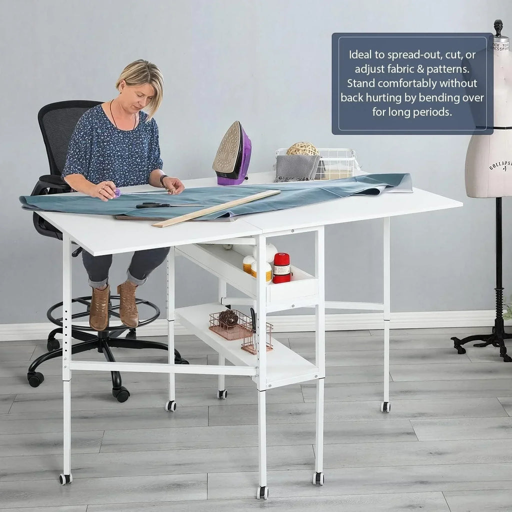 In hoogte verstelbare knutseltafel met opbergplanken, mobiele opvouwbare snijtafel voor thuiskantoor, naaikamer of hobbykamer