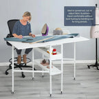 In hoogte verstelbare knutseltafel met opbergplanken, mobiele opvouwbare snijtafel voor thuiskantoor, naaikamer of hobbykamer