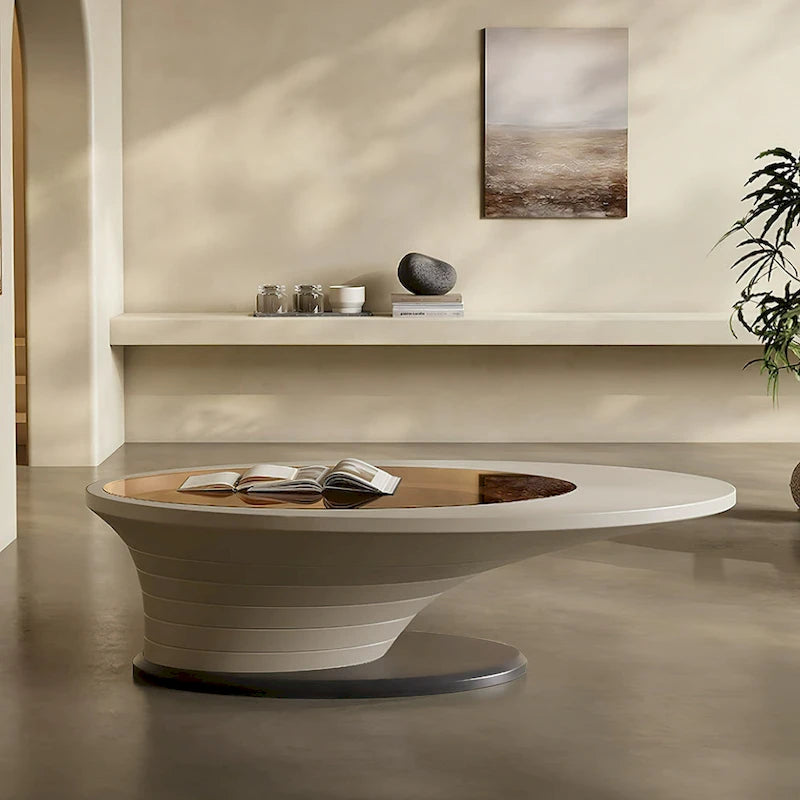 Table basse ovale moderne et minimaliste, plateau en verre et piètement gris, luxe discret, 51 in. - L 51.18'W 25.59'H 14.37'