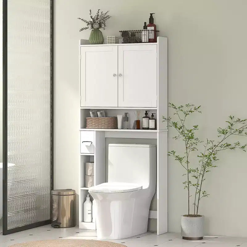 HOMCOM opbergkast boven het toilet, moderne badkamerorganizer met 2 deuren, toiletrolhouder en vrijstaand ruimtebesparend ontwerp