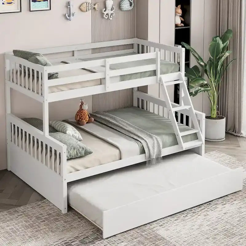Lit superposé Gymax, couchage haut 1 place et couchage bas 2 places, avec lit gigogne 1 place et plateforme convertible