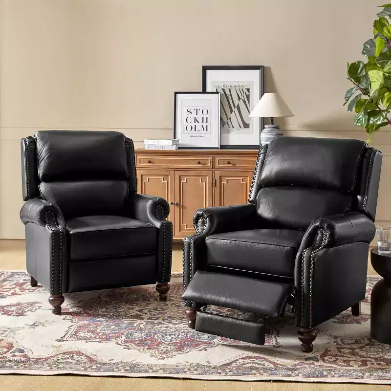 2er-Set moderner Ohrensessel aus Echtleder Elisabete mit Vintage-Nagelkopfverzierung für Wohnzimmer und Schlafzimmer| ART OF LIVING DESIGNS