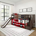 Niedriges Etagenbett, 90 x 190 cm, mit Treppe, Rutsche und Feuerwehrauto-Vorhang