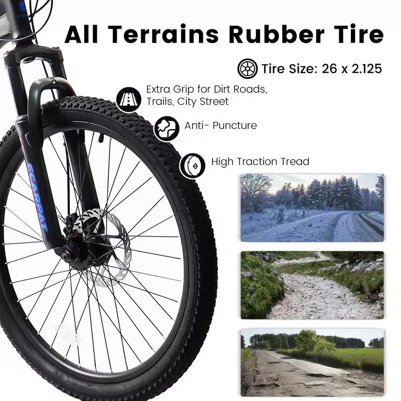 Okak 26IN mountainbike met schijfremmen, fiets voor volwassenen met 21 versnellingen, stevig frame en dubbele achtervering, voor fietsen op stadswegen