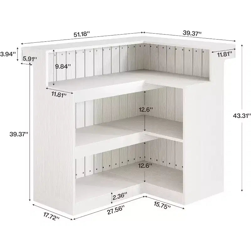 Lantine L-vormige thuisbar, hoekbartafel met 4 niveaus, opbergplanken en wijnglashouder voor thuisbar